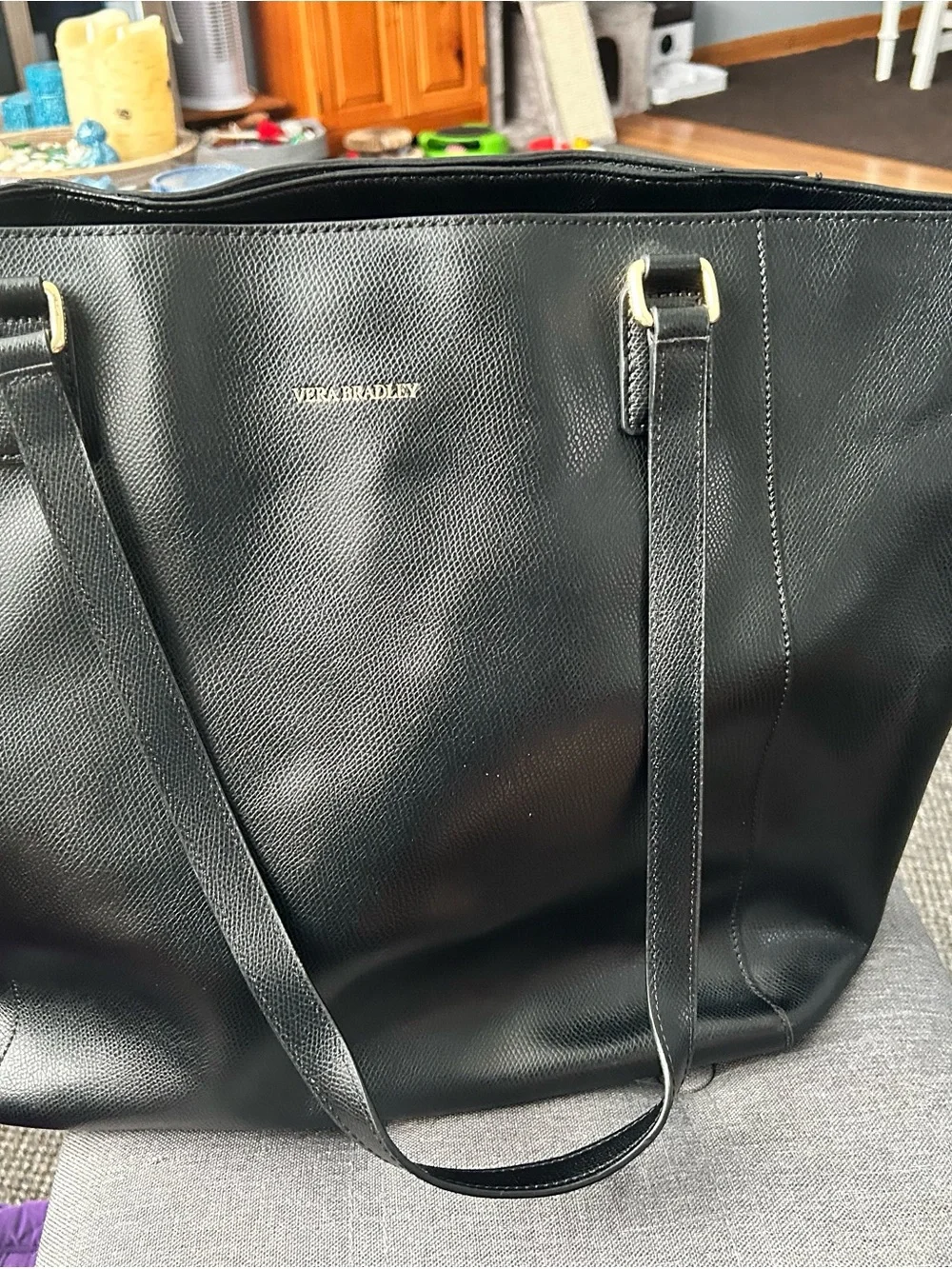 Vera Bradley Black Leather Tote with Gold Hardware